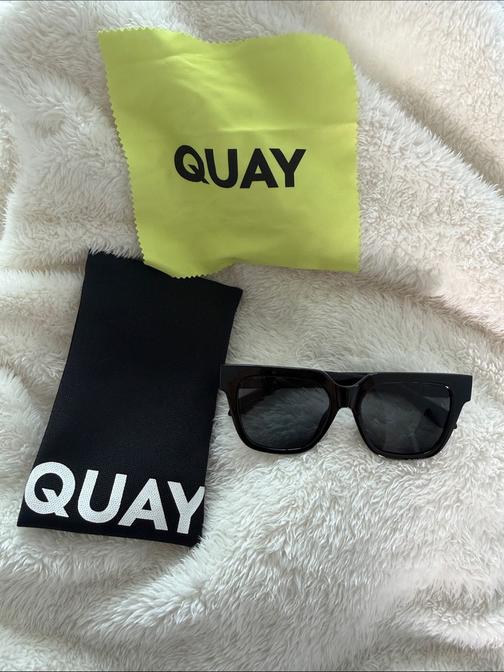 Quay Australia Black Square Frame Sunglasses with Neon Yellow Cloth
